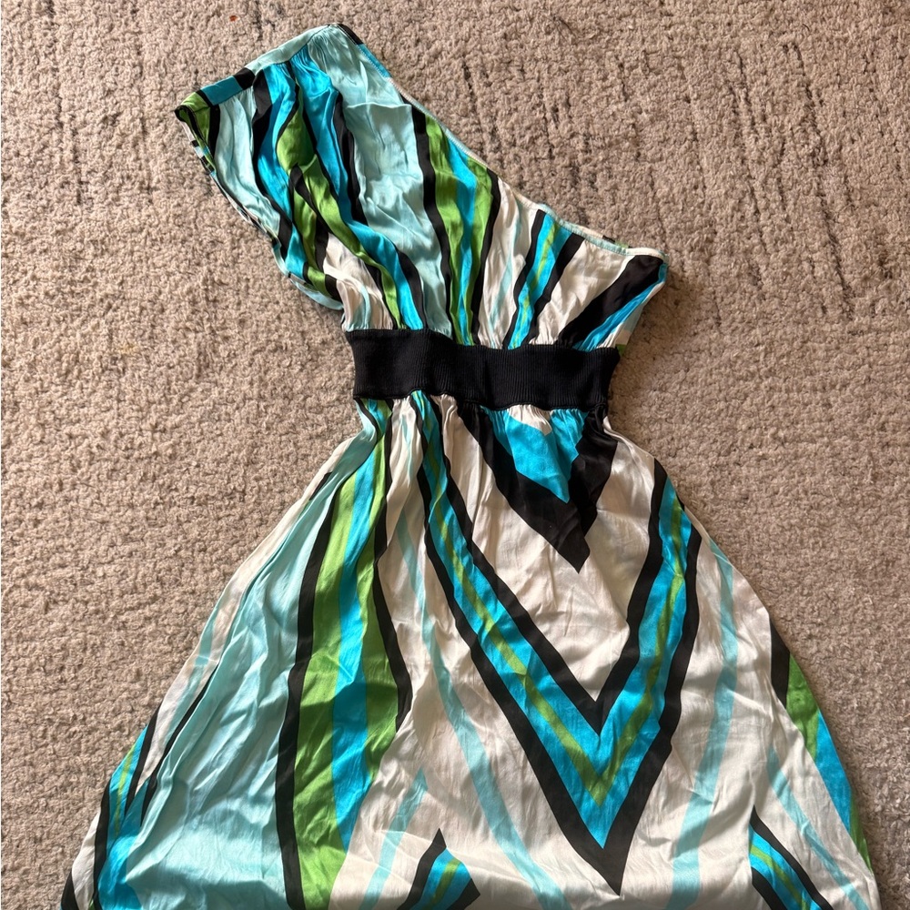 Bebe Vibrant Striped Dress in Blue, Green, and Black